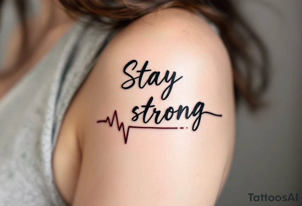 “Stay strong” in bold black script wrapped with a dark red heartbeat line. tattoo idea