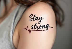 “Stay strong” in bold black script wrapped with a dark red heartbeat line. tattoo idea
