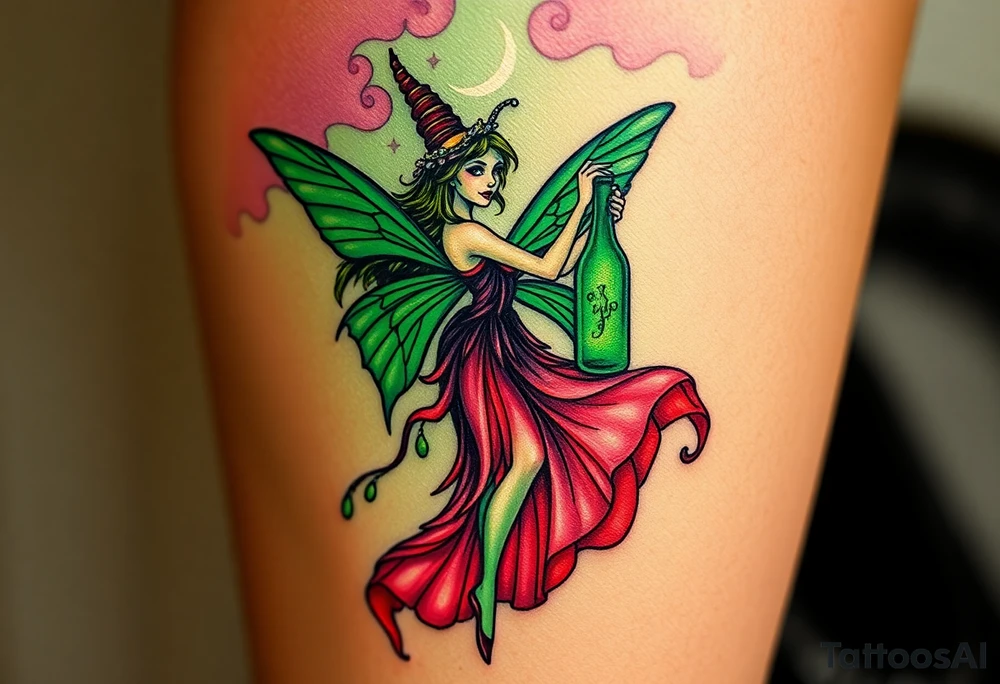 Tim Burton’s pin up style Vintage Parisian elegant and hauntingly beautiful yet eerie full body absinthe Green Fairy dances outside her victorian crystal decatur absinthe bottle Absinthe Art Nouveau   and dripping with muted reds, dusty pinks, and eerie green glow.purple and cyan smokey clouds swirl in the crescent moonlit sky thats sprinkled with stars tattoo idea