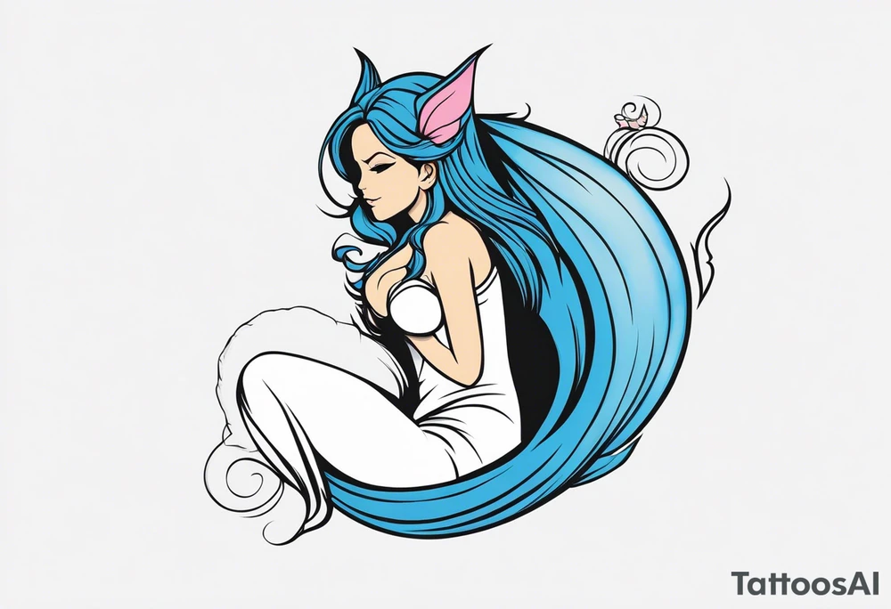 A fairy with a tail inspired by the logo of the show called Fairy Tail in a fetal position leaning in tattoo idea