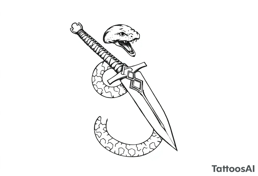 mystical snake coiled around an ancient dagger with jeweled hilt tattoo idea