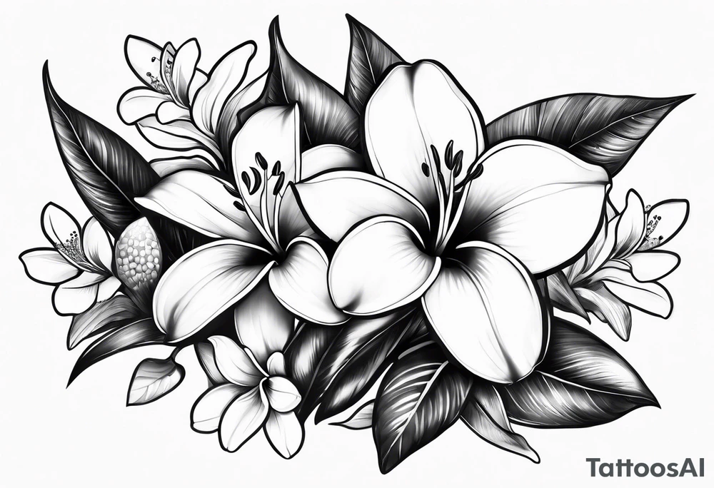 Frangipani and Lilly, black and white tattoo for bicep tattoo idea
