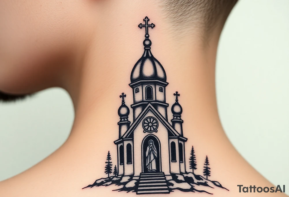 Traditional russian orthodox bulb dome church in a wilderness setting with a prominent orthodox style virgin mary tattoo idea