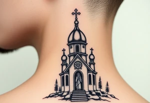 Traditional russian orthodox bulb dome church in a wilderness setting with a prominent orthodox style virgin mary tattoo idea