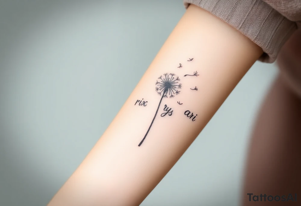 Rix Rys Ari realistic watercolor This image features a delicate dandelion tattoo on a person’s skin, with fine lines and soft shading. The dandelion’s stem extends from the bottom left corner, leading to the detailed flower head, which appears to be dispersing its seeds. The seeds are shown floating away in a natural, wind-swept motion, symbolizing freedom, change, and new beginnings.

The tattoo has a subtle watercolor effect with a gentle pinkish hue around the base of the dandelion, adding depth and softness to the design. The fine-line work gives it a refined and elegant look. tattoo idea