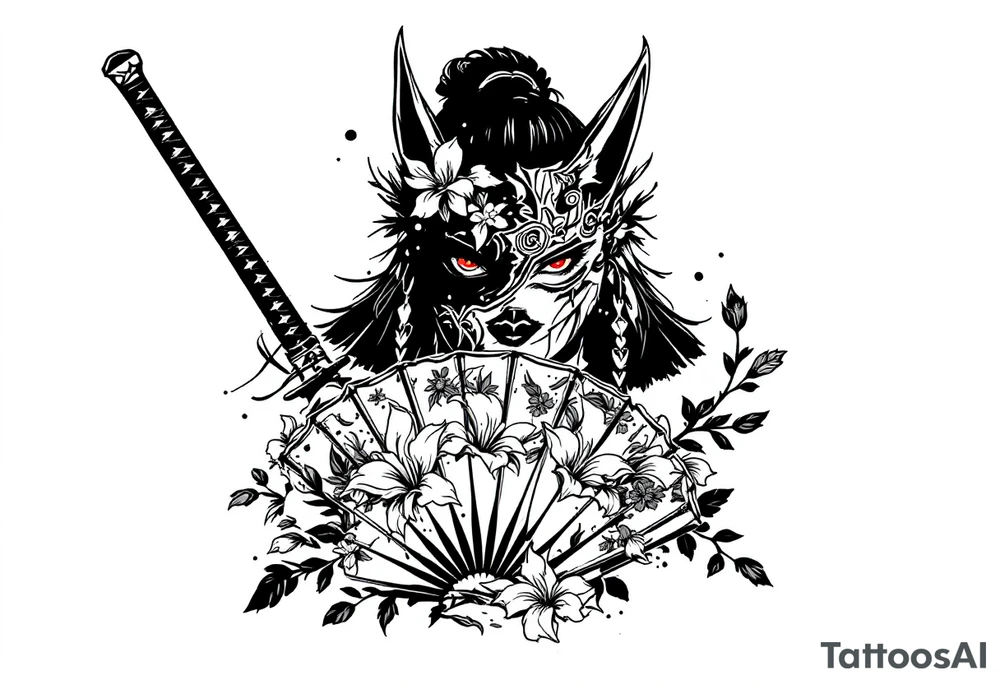 Woman samurai with red eyes wearing an half and broken kitsune mask, holding katana and japanese fan with Iris flowers tattoo idea