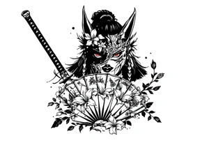 Woman samurai with red eyes wearing an half and broken kitsune mask, holding katana and japanese fan with Iris flowers tattoo idea