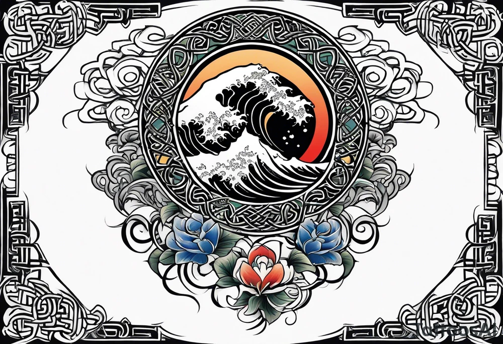 full sleeve. japanese wave mixed in celtic tribal patterns equally. tattoo idea