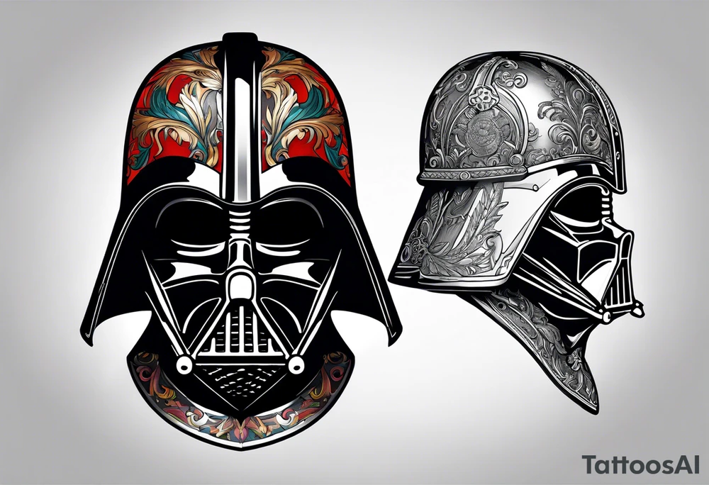 Half Darth Vader helmet other half skull in Roman gladiator style tattoo idea
