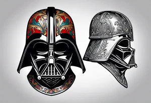 Half Darth Vader helmet other half skull in Roman gladiator style tattoo idea