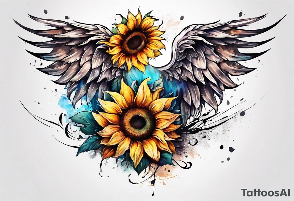 Sunflower and angel wings sleeve tattoo idea