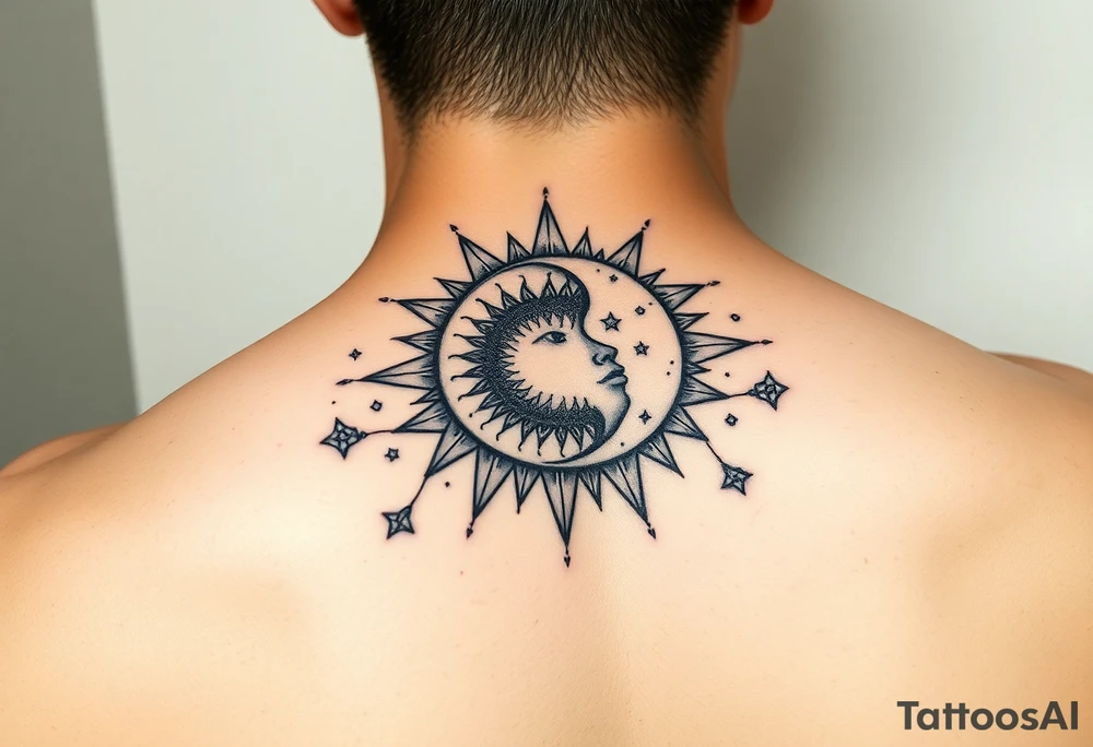 celestial sun and moon embrace with constellation patterns tattoo idea