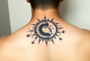 celestial sun and moon embrace with constellation patterns tattoo idea
