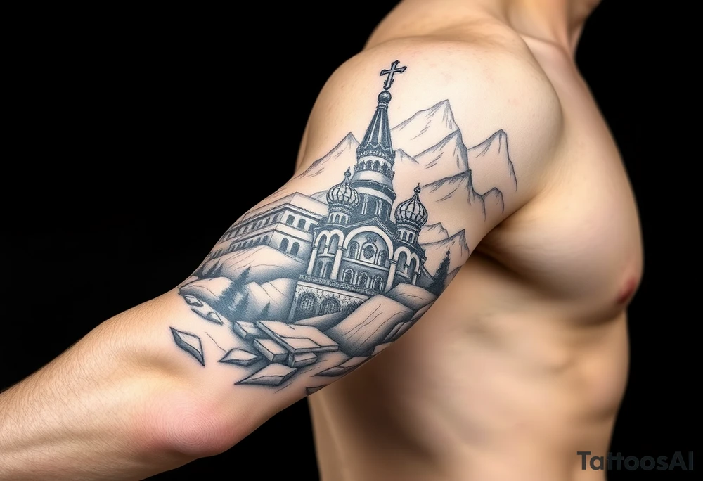 russian orthodox christian left arm tattoo with st basils cathederal in a mountainous setting with a russian coat of arms tattoo idea