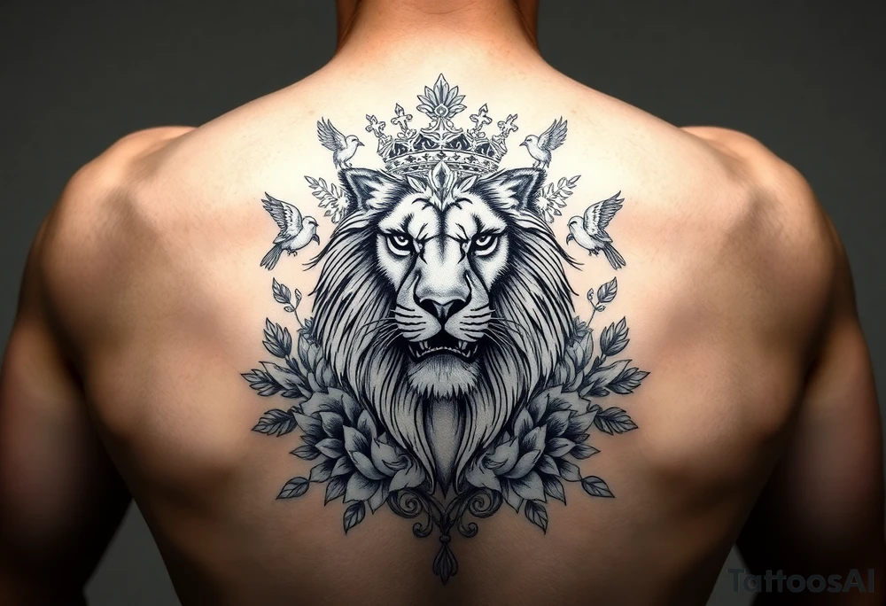 powerful majestic lion with a crown, surrounded by floral ornaments and birds tattoo idea