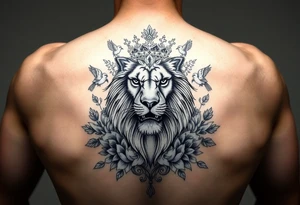 powerful majestic lion with a crown, surrounded by floral ornaments and birds tattoo idea