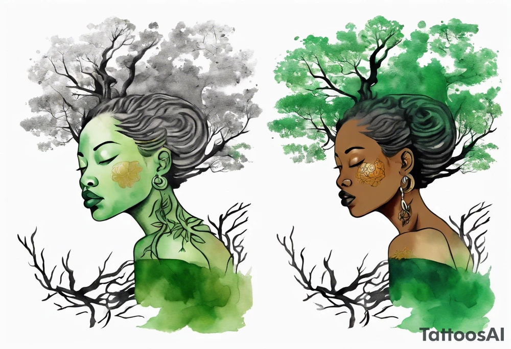 a tree with roots and a trunk that turns into a black woman reaching with her arms towards the sun, wearing a green tunic tattoo idea