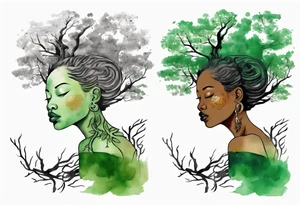 a tree with roots and a trunk that turns into a black woman reaching with her arms towards the sun, wearing a green tunic tattoo idea