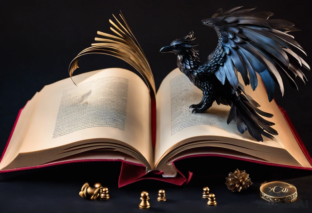 an open book with pages that appear to flutter. Above the book, a delicate small dragon silhouette, spirals in the air. To the right, a pawn chess piece stands proudly.  On the left corner of the book, a majestic raven perched, feathers ruffled by an unseen wind. Below, a vibrant cluster of lavender flowers blooms, with a charming bumblebee tattoo idea