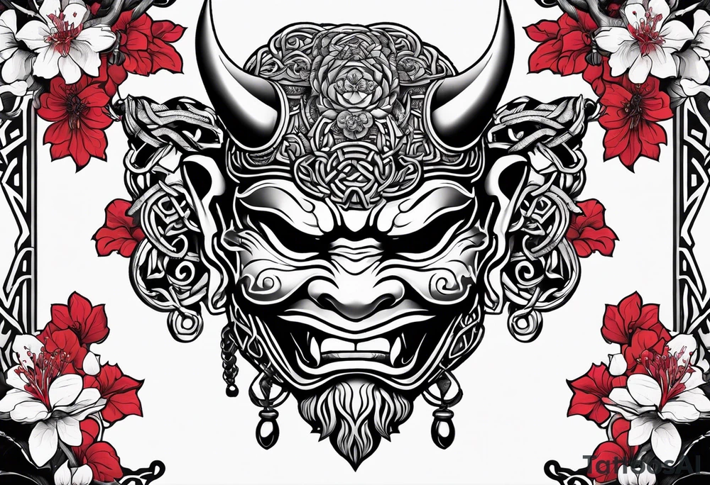 Oni mask with a cherry blossom background in a Celtic style tattoo idea Oni mask with a cherry blossom background in a Celtic style tattoo idea