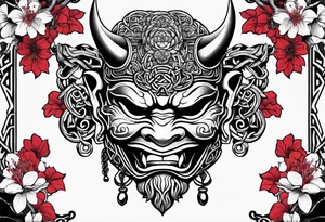 Oni mask with a cherry blossom background in a Celtic style tattoo idea