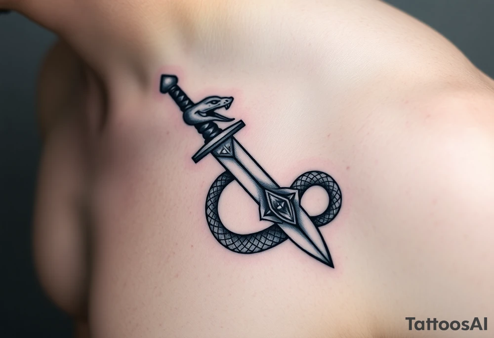 mystical snake coiled around an ancient dagger with jeweled hilt tattoo idea
