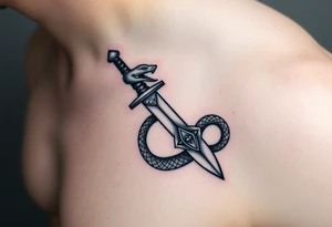 mystical snake coiled around an ancient dagger with jeweled hilt tattoo idea