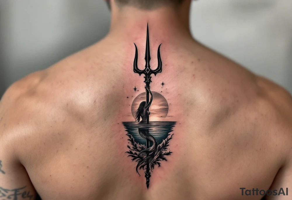 trident half way under calm water with mermaid and sunset tattoo idea