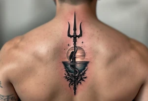 trident half way under calm water with mermaid and sunset tattoo idea
