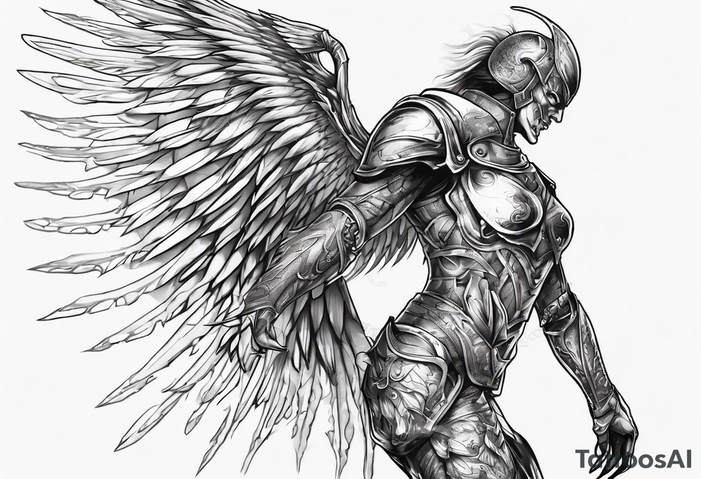Side view of an evil angel wearing inorganic armor that is in mid-air ready to attack tattoo idea