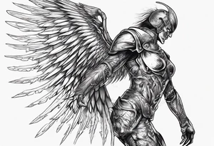 Side view of an evil angel wearing inorganic armor that is in mid-air ready to attack tattoo idea