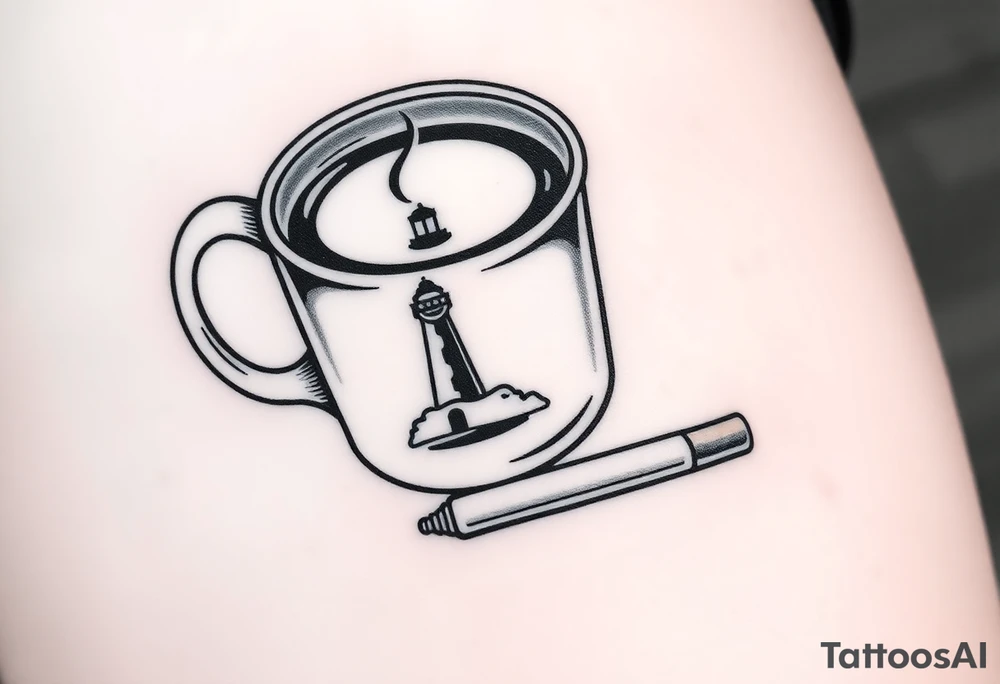 A mug of coffee
 with a picture of a 
 lighthouse on the the mug and a cigarette laying next to it tattoo idea