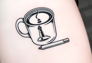 A mug of coffee
 with a picture of a 
 lighthouse on the the mug and a cigarette laying next to it tattoo idea