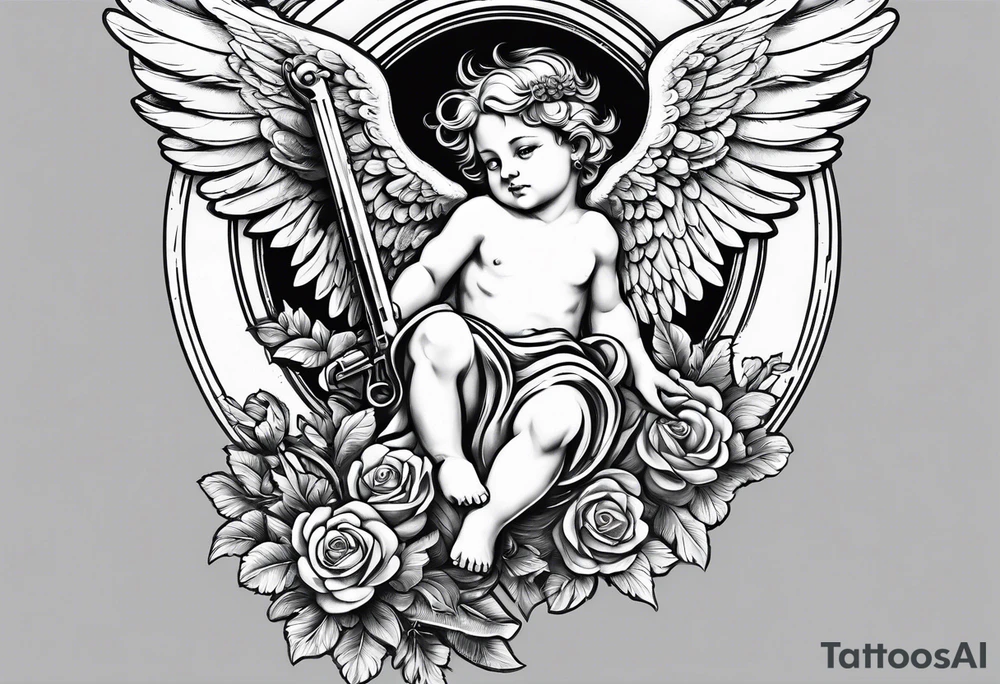 Cherub angel with an uzi in the sky tattoo idea