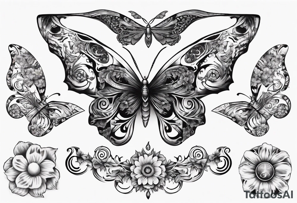 Butterfly wrap tattoos with large centre piece with moon and floral theme tattoo idea