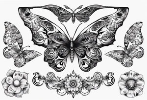 Butterfly wrap tattoos with large centre piece with moon and floral theme tattoo idea