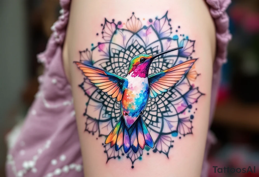 Colorful hummingbird centered in front of a mandala design tattoo idea