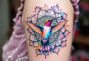 Colorful hummingbird centered in front of a mandala design tattoo idea