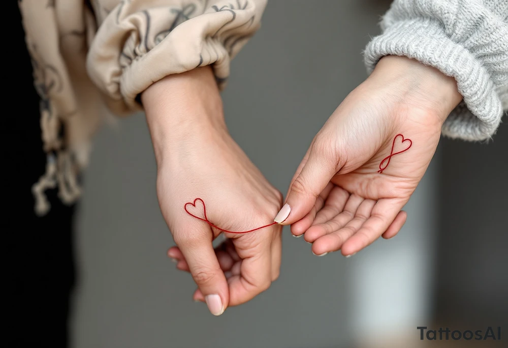 One wears a hand holding a red string of fate, the other the string continuing into their hand, connecting both wrists. tattoo idea