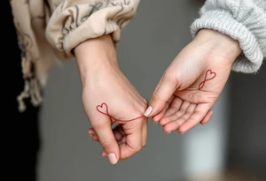 One wears a hand holding a red string of fate, the other the string continuing into their hand, connecting both wrists. tattoo idea