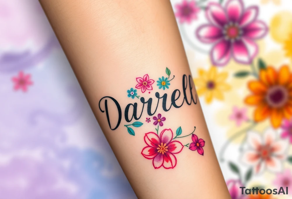 neon colors, 1 inch font, "Darrell" with lots of whimsical background, add lots of flowers, more background flowers of different colors, sizes and shapes tattoo idea
