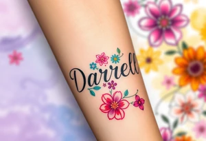 neon colors, 1 inch font, "Darrell" with lots of whimsical background, add lots of flowers, more background flowers of different colors, sizes and shapes tattoo idea