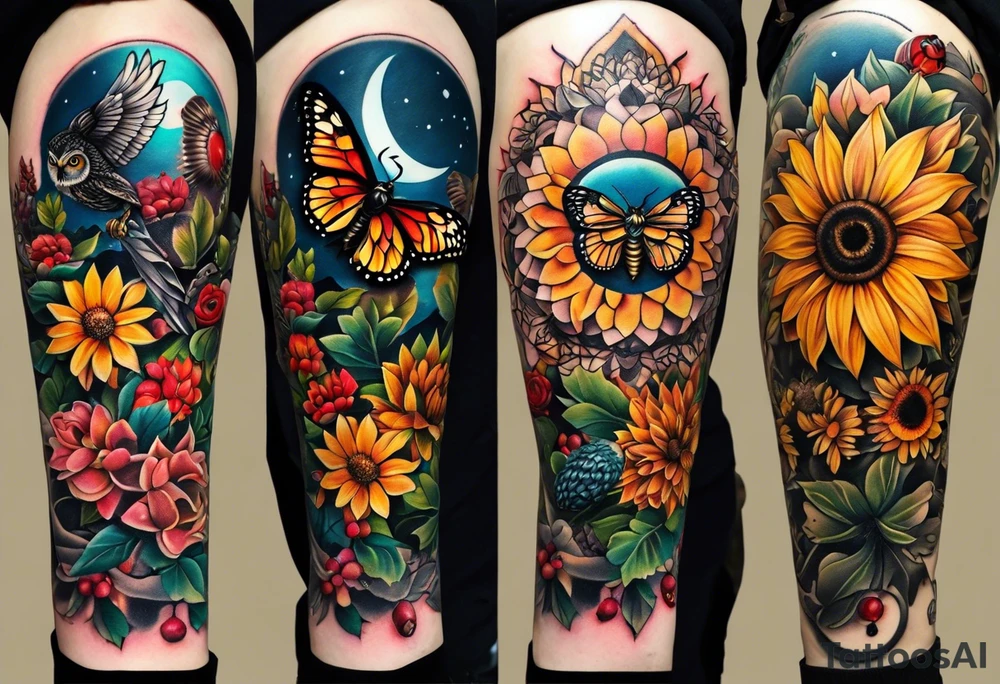 A lower forearm sleeve full colour mandala flowers, and owl, bees, pinecone, lady bugs. Moon sunflower honey suckle tattoo idea