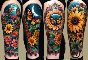 A lower forearm sleeve full colour mandala flowers, and owl, bees, pinecone, lady bugs. Moon sunflower honey suckle tattoo idea