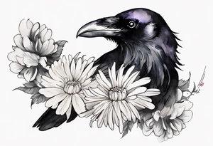 a raven with a white chrysanthemum headband tattoo idea