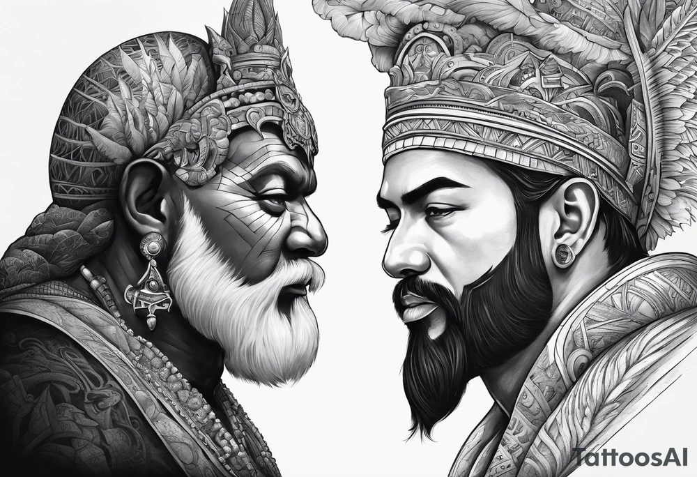 2 gods faces looking each other one morphs into a city and the other morphs into mountains tattoo idea