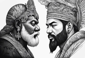 2 gods faces looking each other one morphs into a city and the other morphs into mountains tattoo idea