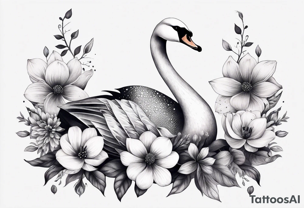 swan tattoo with botanical flowers tattoo idea