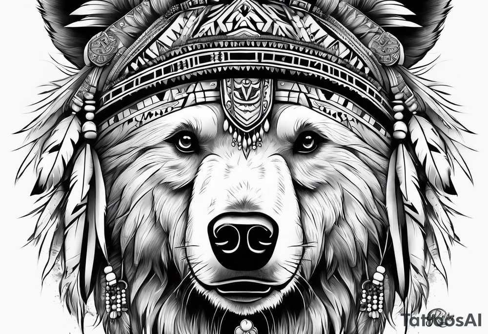 Native style bear pelt with woman and traditional headdress tattoo idea