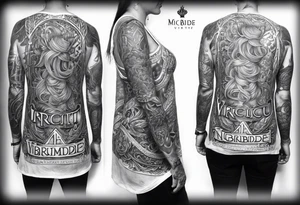 A full back piece themed on the irish name mcbride. It should have a hand holding fire. It should have the text Vincit Pericula Virtus in large writing on it tattoo idea